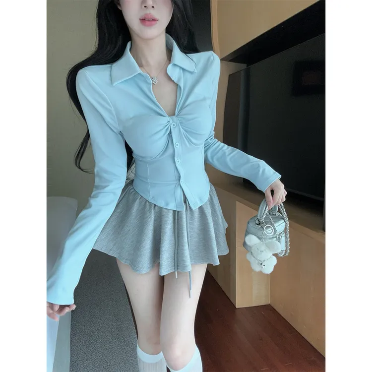 韩系V领扭结修身收腰长袖衬衫设计感抽绳短裙伞裙甜辣套装女秋季