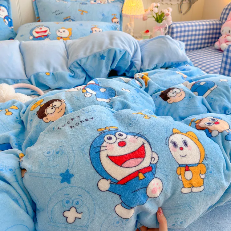 秋冬加厚牛奶绒哆啦a梦被套四件套被罩珊瑚绒宿舍儿童床单三件套