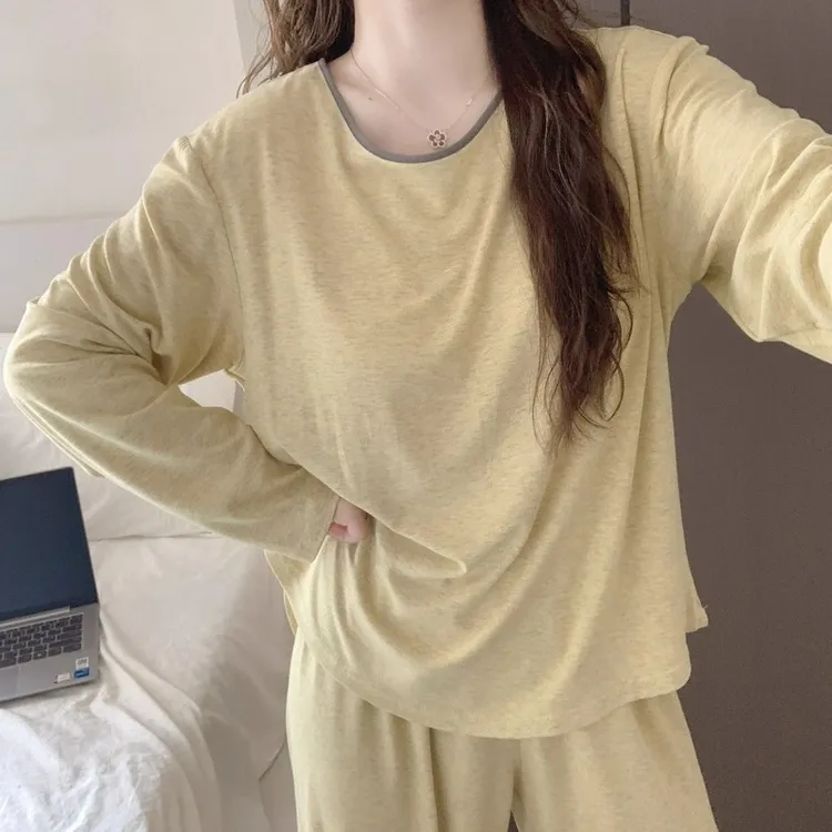 莫代尔带胸垫长袖睡衣女春秋季新款ins风休闲圆领纯色家居服套装