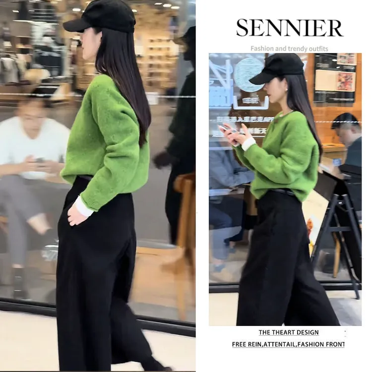 时尚穿搭女2025秋季新款韩版洋气绿色针织开衫百搭阔腿裤两件套潮