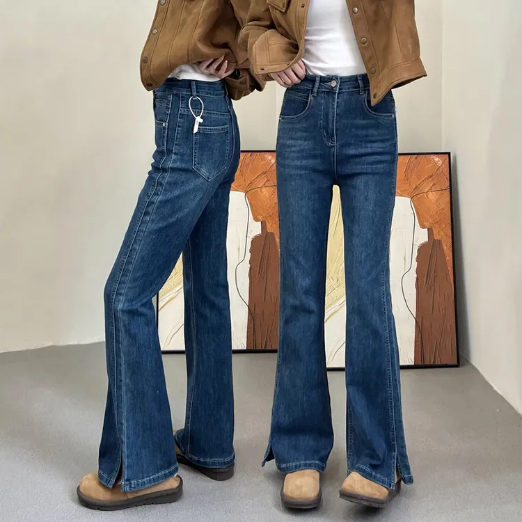 开叉高腰微喇叭牛仔裤女秋季新款梨型身材大码胖mm显瘦弹力拖地裤