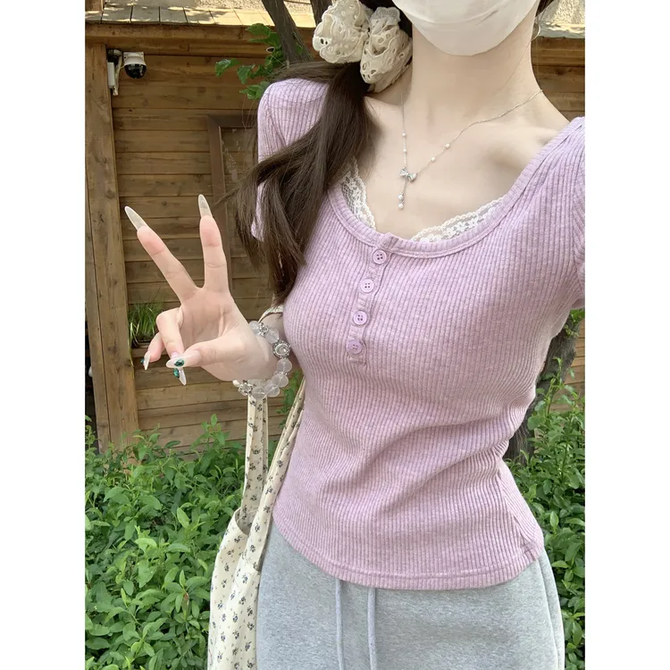 夏季韩版纯欲甜美方领蕾丝边纽扣设计感修身短袖T恤上衣修身显瘦