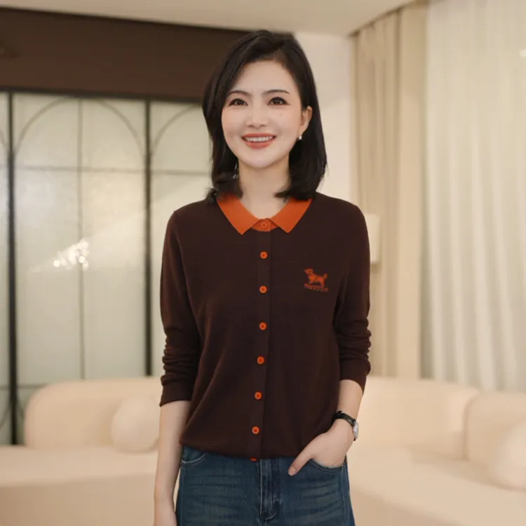 枫竺阿楠anan高级感撞色翻领刺绣长袖针织女秋冬全羊毛毛衣