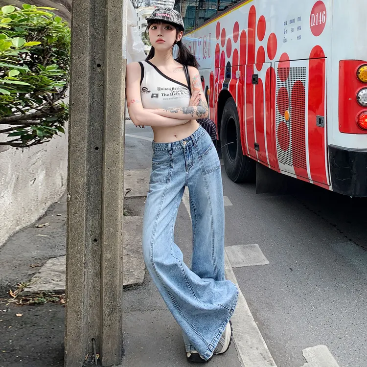 蓝色弹力微喇牛仔裤女2025春秋新款设计感高腰修身显瘦喇叭拖地裤