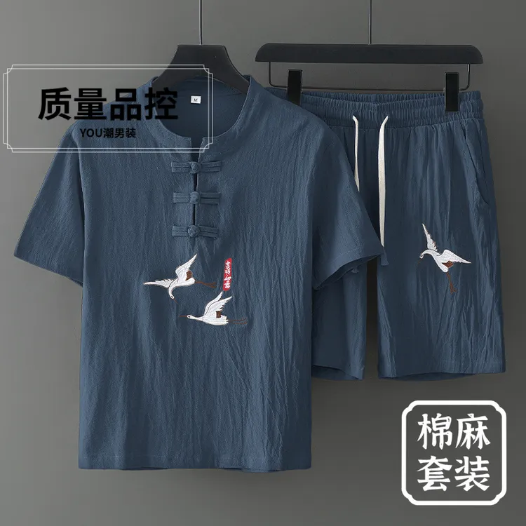 2025夏季中老年棉麻套装男士休闲夏装中年爸爸唐装刺绣短袖短裤两