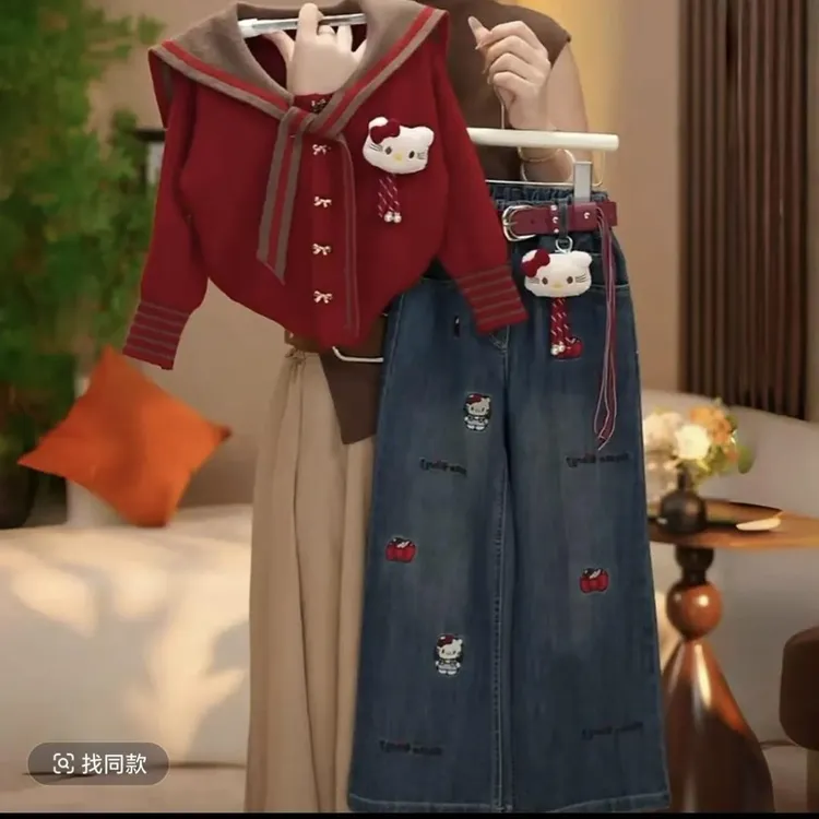 女童2025秋款上新女童套装中大童卡通海军领卡通上衣牛仔裤两件套
