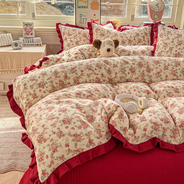 法式复古皱皱纱加厚床盖四件套针织水洗棉双层纱四季通用床上用品