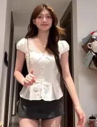 TT 101法式蕾丝花边v领短袖衬衫女夏季高级感蝴蝶结收腰短款小衫