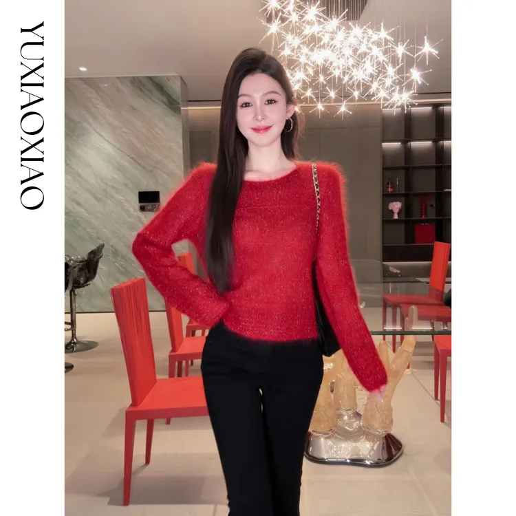 余潇潇【人间红宝石】舒适马海毛亮丝混纺一字领烫钻慵懒宽松毛衣女