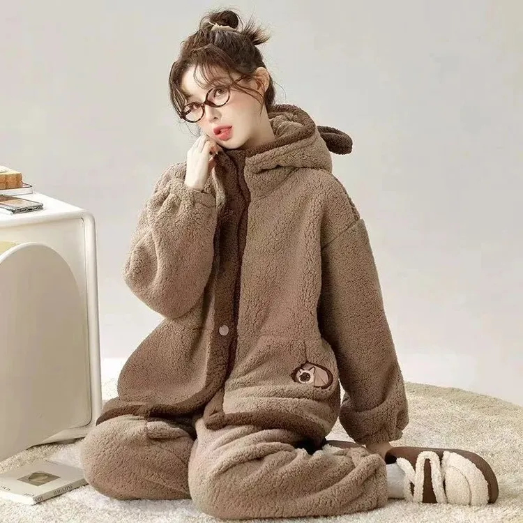 2025新款保暖休闲甜美宽松套装韩版秋冬季加绒睡衣毛绒家居服保暖