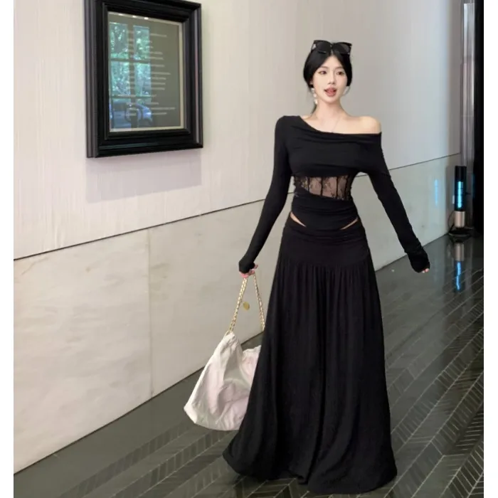 法式气质套装女蕾丝镂空上衣长袖露肩T恤春季黑色半身裙两件套潮