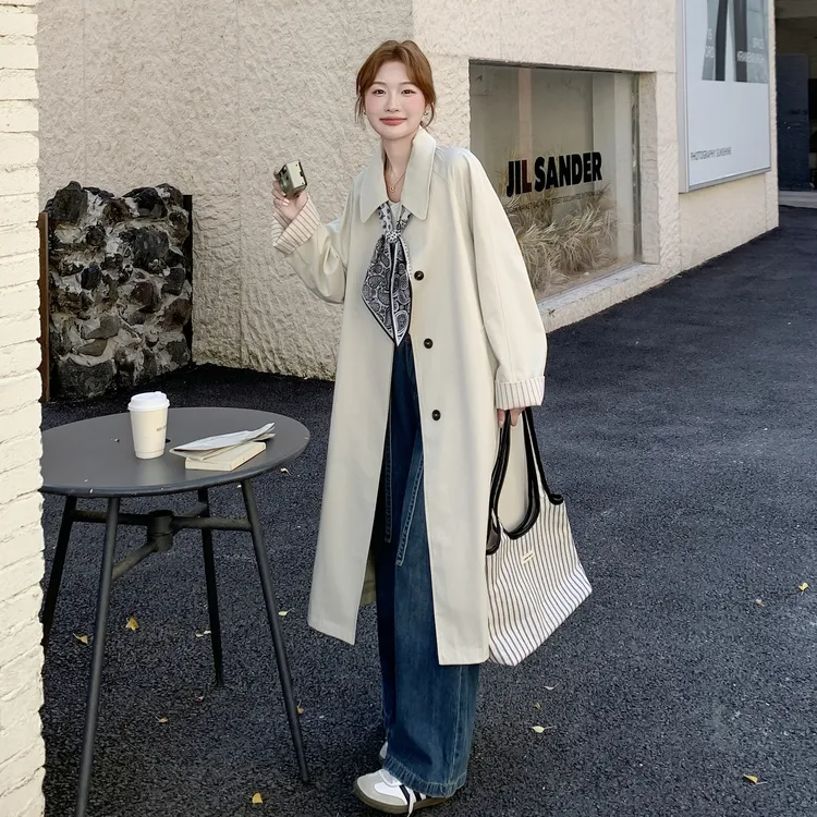 米白色韩系chic单排扣大衣女2025春秋新款气质复古条纹袖风衣外套