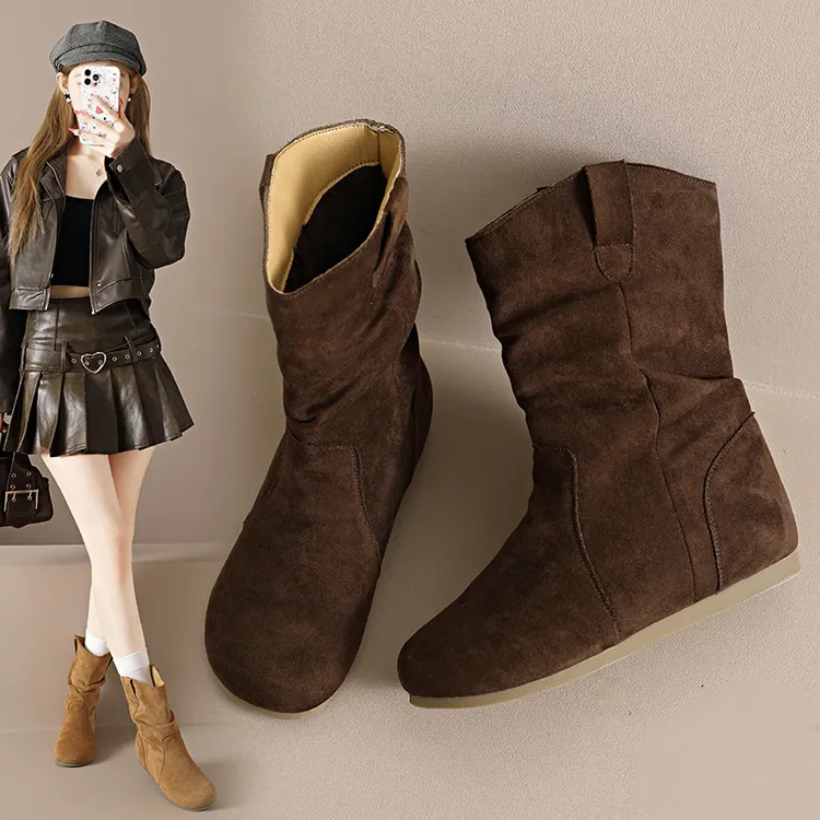 【加棉款】内增高5公分韩版复古马丁靴2025冬季褶皱翻毛皮小短靴