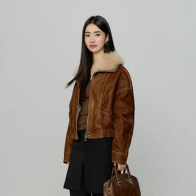 太妃拿铁 重工山羊绒皮毛一体毛领外套女90白鹅绒羽绒短派克25227