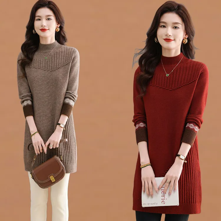 中长款针织半高领毛衣裙女秋冬2025新款宽松内搭遮屁股打底衫加厚