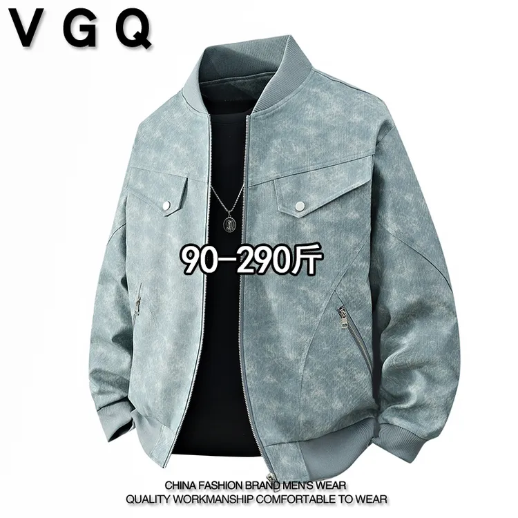 VGQ男士水洗皮衣夹克秋季新款加肥加大胖子复古休闲棒球服外套