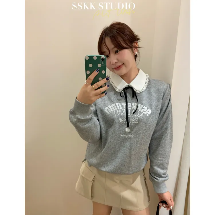 KMZY/KMZY山_山【珍妮甜茶】微胖韩系减龄娃娃领字母绣花宽松卫衣女