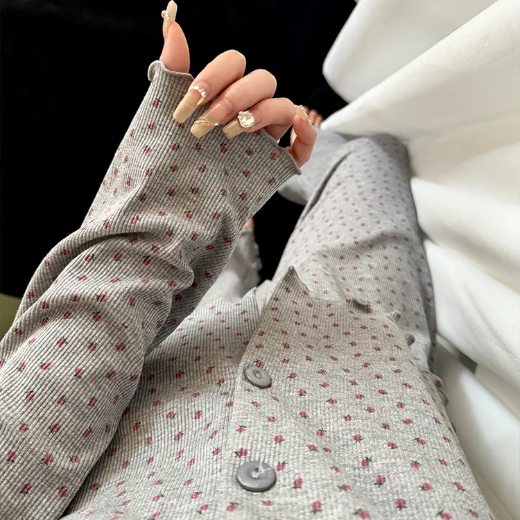 韩系少女碎花印花长袖长裤开衫春夏秋季甜美家居服大码套装高级感