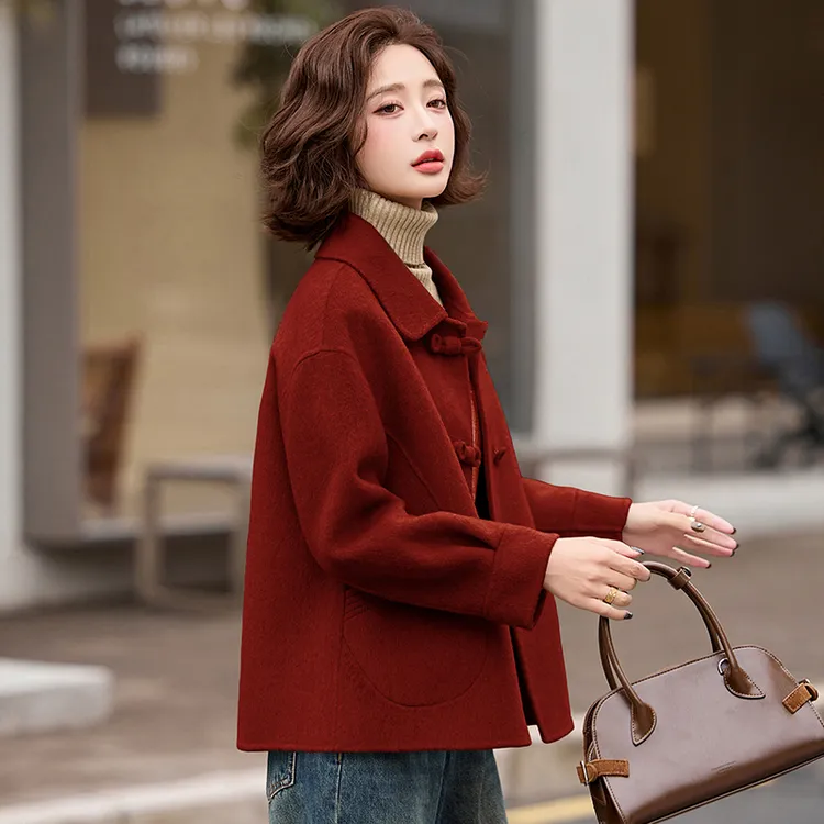 中年女双面绒羊毛大衣短款红色妈妈本命年外套喜婆婆婚宴中式国风