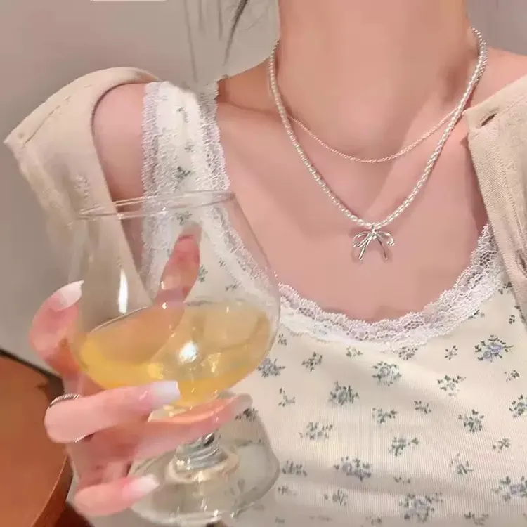 铜合金仿珍珠项链 气质双层叠戴韩系蝴蝶结项链女高级感锁骨链ins