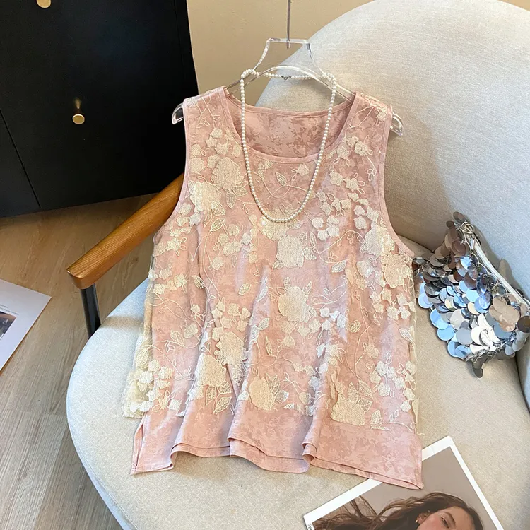 2025夏季新款韩版气质法式甜美提花圆领无袖背心网纱刺绣显瘦上衣