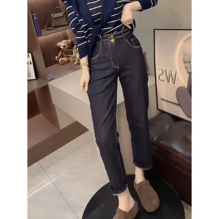 时尚简约直筒裤女2025秋季新款百搭小个子高腰显瘦九分烟管牛仔裤
