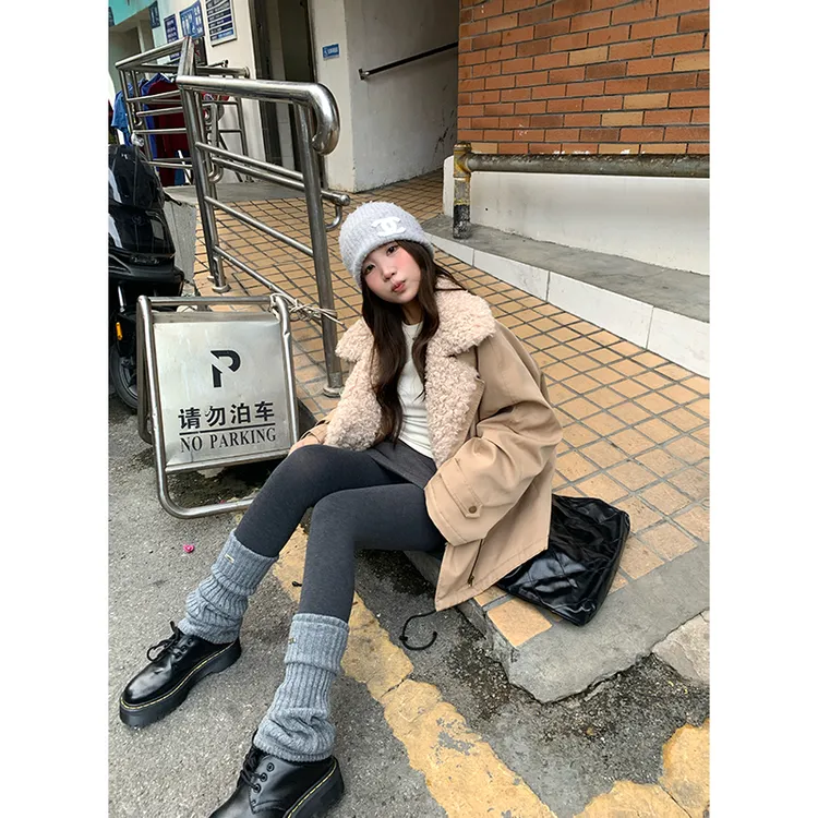 YOKLASS少女家 卡其色复古休闲百搭工装翻领棉服外套 Y39324S54