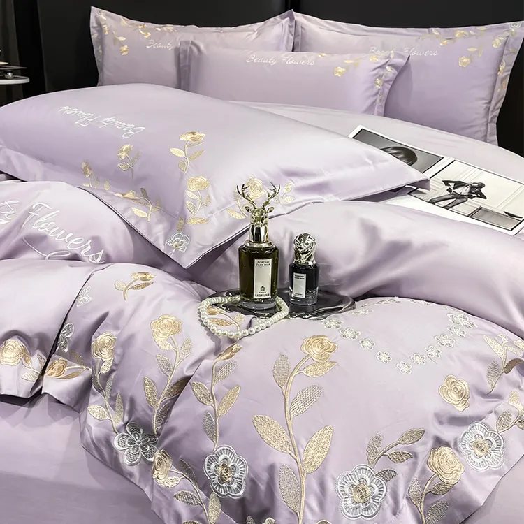 高端新款绣花贡缎款160支纯棉刺绣轻奢四件套100全棉A类裸睡床4