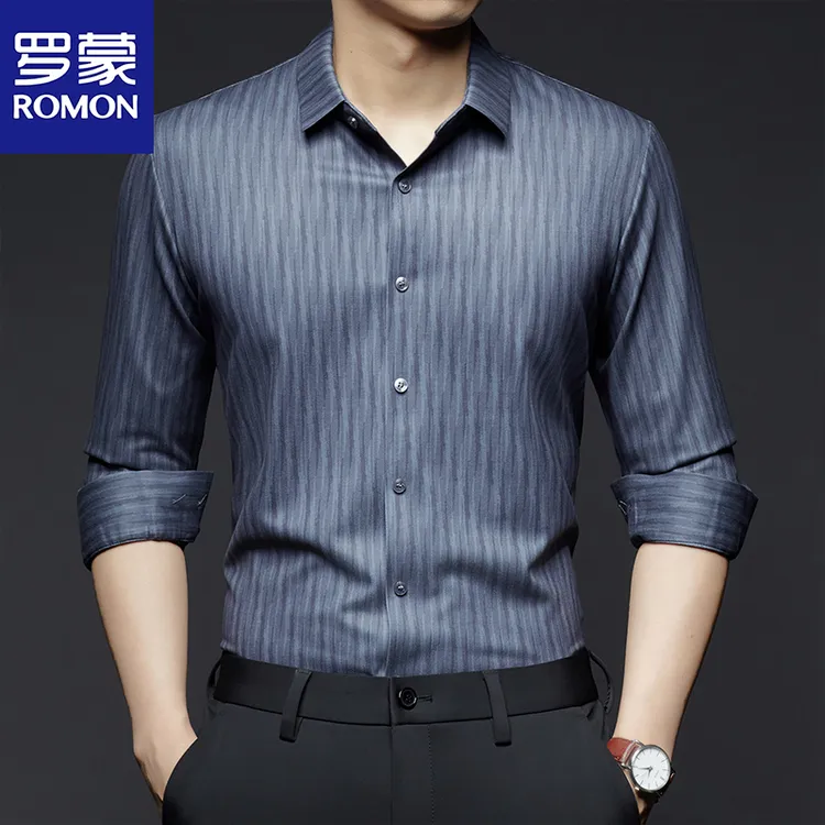罗蒙男士春秋弹力无痕长袖条纹衬衫男商务男士纯色抗皱衬衣装新款