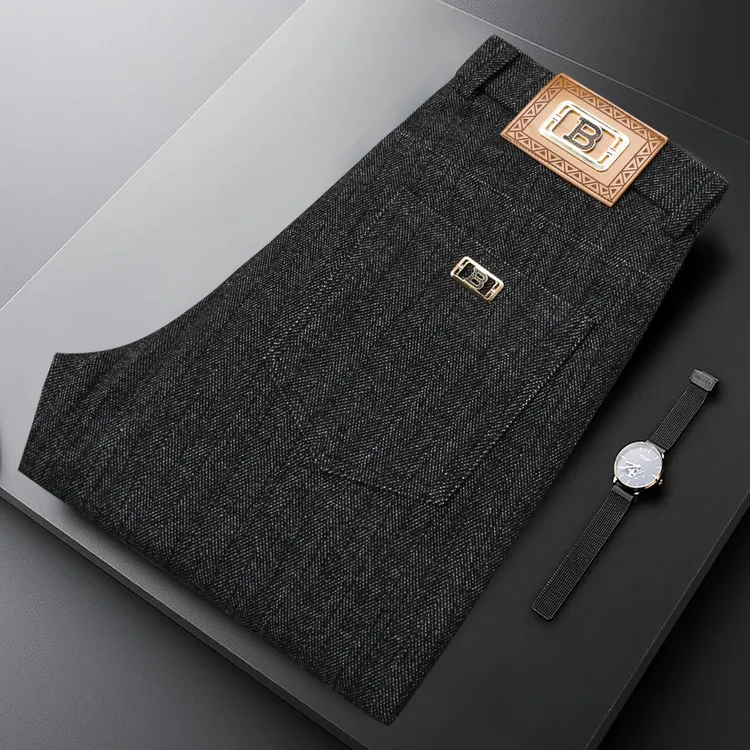 秋季新款毛呢提花面料轻奢男士休闲裤潮流修身弹力小脚轻商务男裤