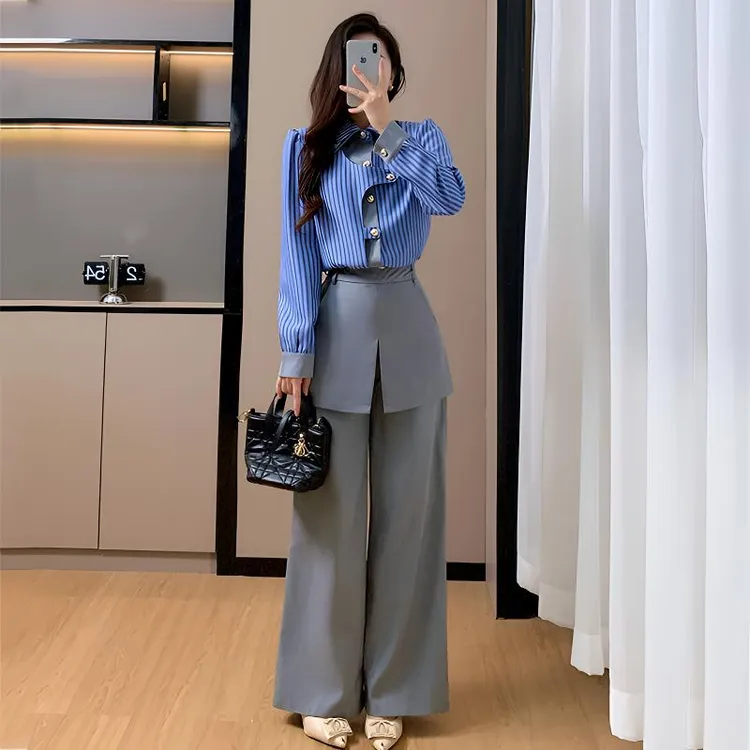 2025秋季新款蝴蝶领条纹衬衫上衣搭屁帘阔腿裤套装气质轻熟风