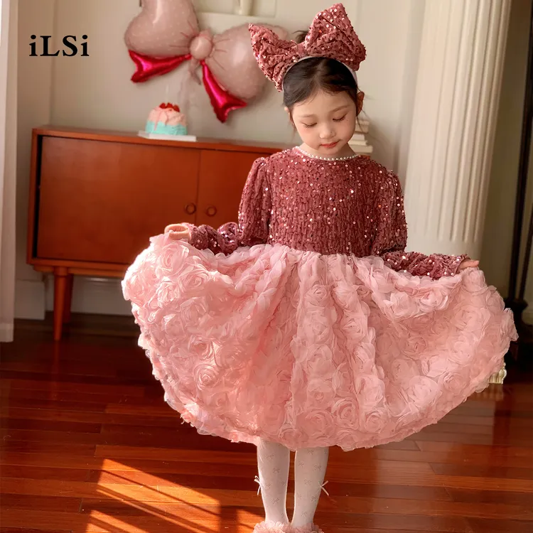 女童高端公主裙冬季加绒小女孩轻奢玫瑰花亮片蓬蓬裙儿童生日礼服