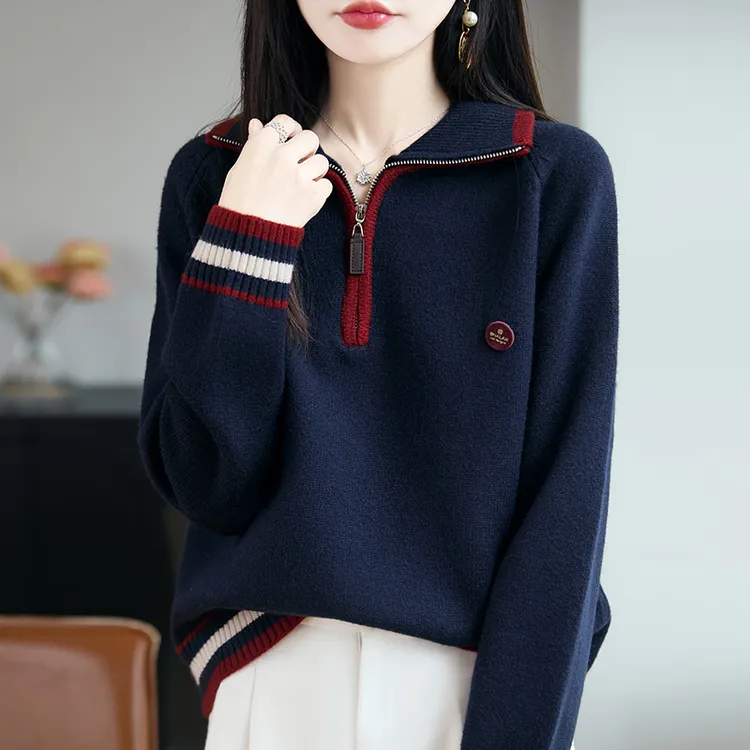秋装2025新款大码翻领针织衫女宽松遮肚子上衣显瘦百搭撞色打底衫