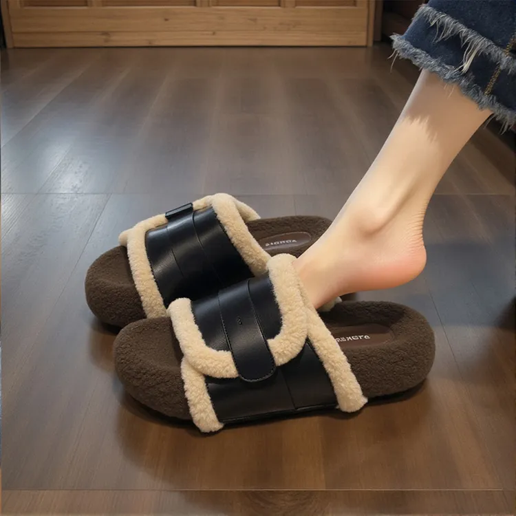 羊羔绒毛毛拖鞋女2025新款秋季真皮高级感拼色软底轻便配裙子棉拖