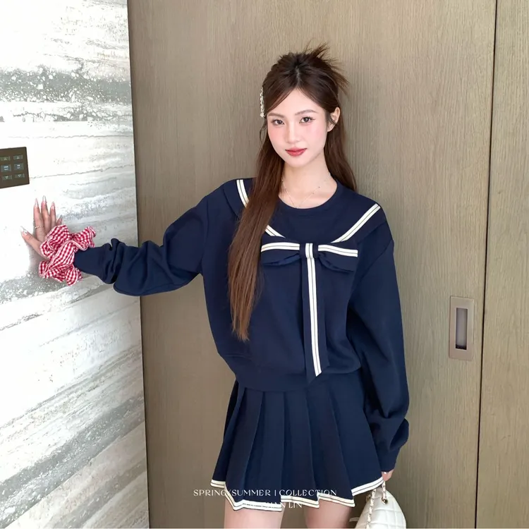 2025春蝴蝶结海军领卫衣+撞线百褶学院风半身短裙时尚jk套装女
