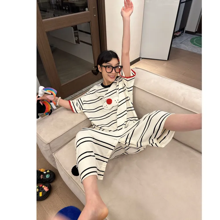 可外穿连体睡裙短袖睡衣女韩版可爱酷猫夏季透气宽松大码家居服