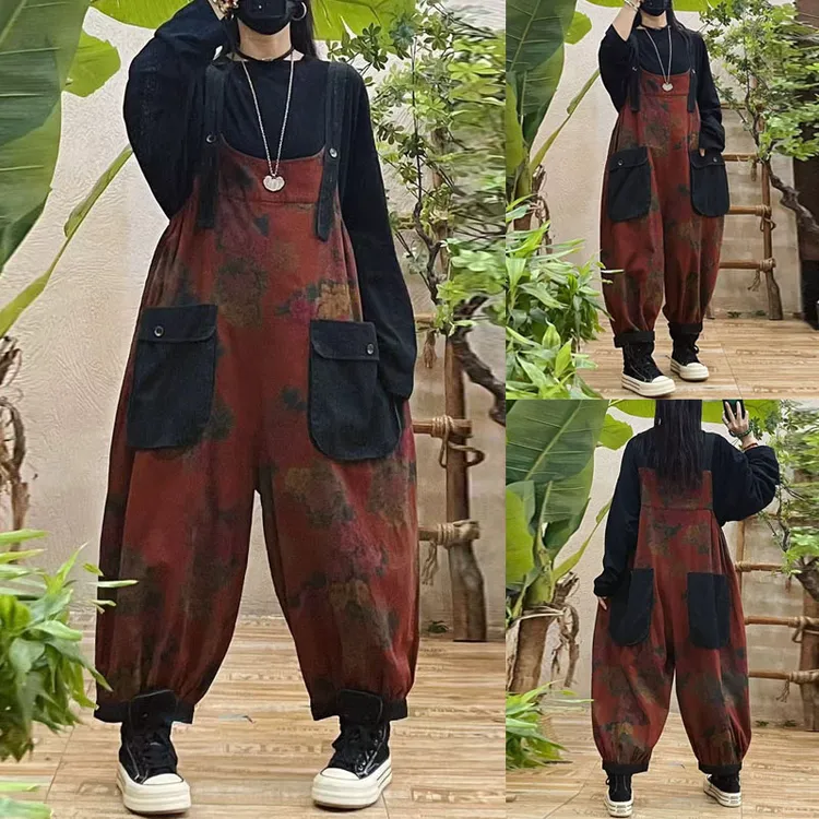 新款时尚红花棉麻背带裤女大码宽松九分裤遮肉显瘦灯笼裤潮