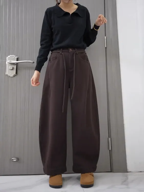 美拉德棕咖色裤子梨型身材粗腿宽胯牛仔裤加绒阔腿宽松弯刀老爹裤