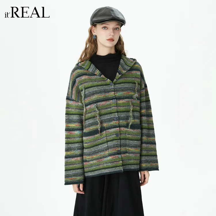 It'real瑞尔秋宽拼接连帽休闲防风撞色休闲针织外套9753215002