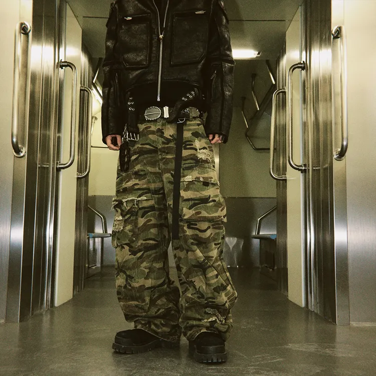 SouthTeenager 国潮嘻哈街头直筒破坏机能迷彩多口袋工装伞兵裤男
