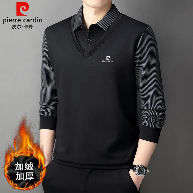 皮尔卡丹秋冬季男士翻领假两件加绒加厚时尚休闲中年长袖POLO衫