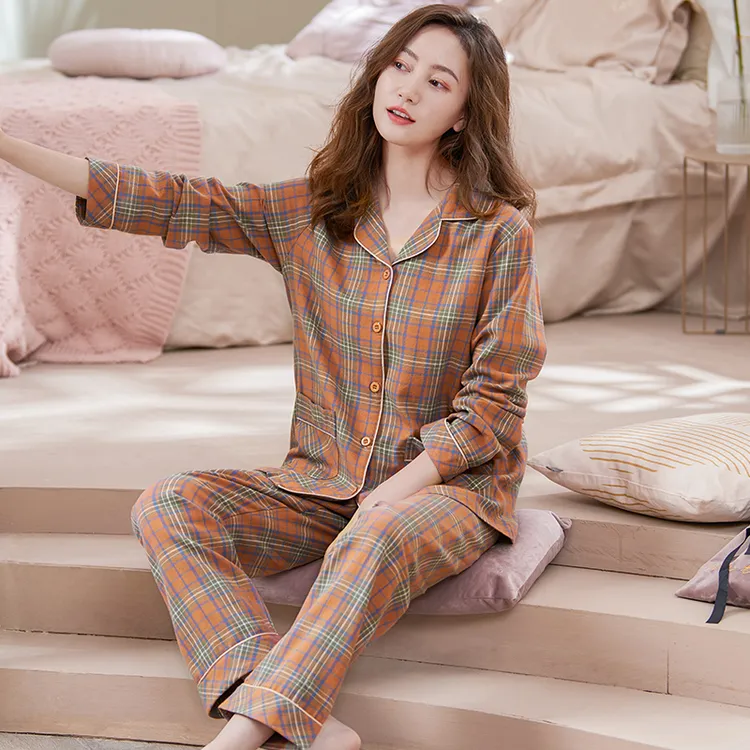 女士睡衣春秋季纯棉长袖长裤开衫2025新款格子休闲家居服可外穿