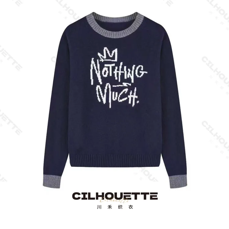 川禾织衣 秋季撞色字母提花100绵羊毛针织打底洋气显瘦长袖针织衫