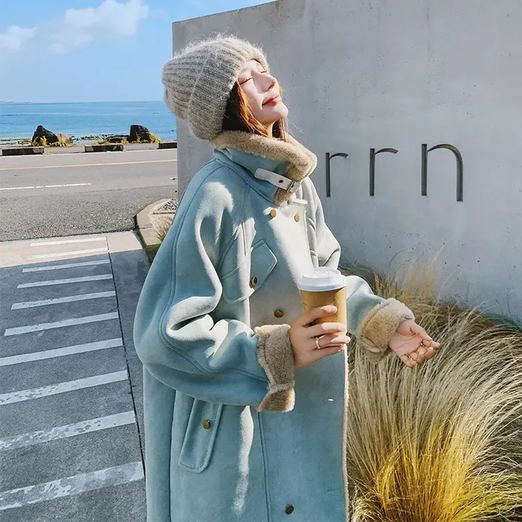 蓝色慵懒风皮毛一体外套女秋冬季2025新款设计感加绒加厚长款大衣
