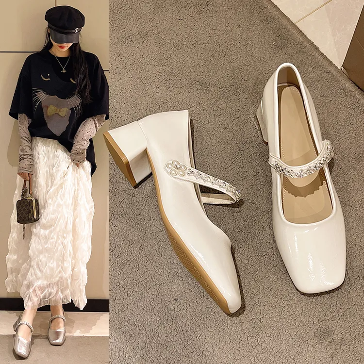 法式水钻玛丽珍单鞋女2025夏季新款百搭温柔风粗跟方头气质高跟鞋