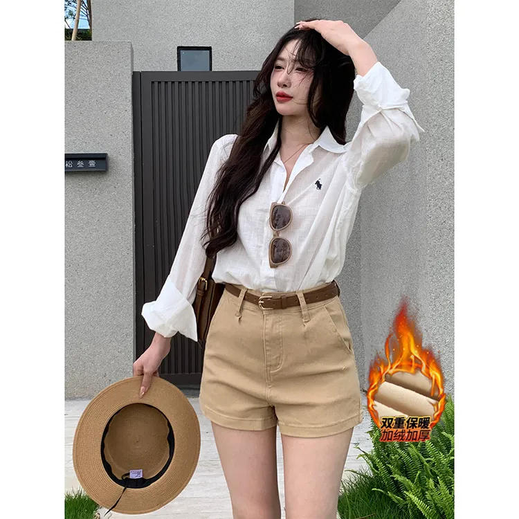 韩系简约纯色休闲加绒牛仔短裤女2025冬季新款高腰百搭阔腿短裤