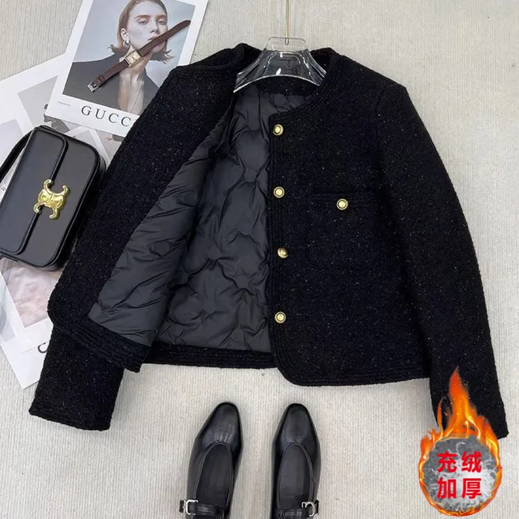 【当天发+运费险】黑色充绒内胆亮晶晶显瘦精致小香风加厚保暖P2433