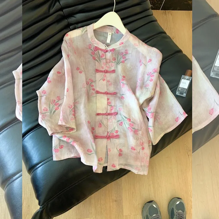 新中式复古显白花朵衬衫上衣女装早春新款大版宽松显瘦衬衣减龄潮