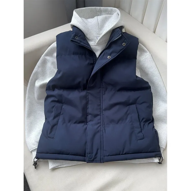 藏青色短款棉服马甲男秋冬纯色无袖外穿背心休闲运动叠穿立领外套