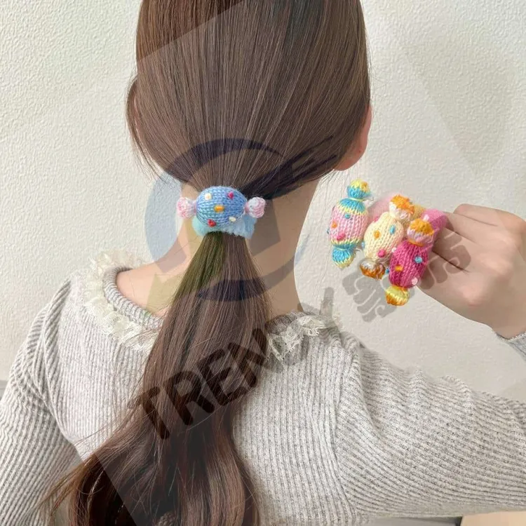 儿童针织毛线发圈小女孩彩虹手工拼色糖果扎头发毛毡丸子头皮筋
